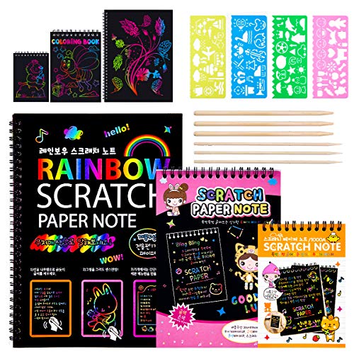 MELLIEX 3 Piezas Scratch Art Paper Notebook, Kit de Manualidades de Papel de Arte de Rascar para Niños Adultos con Regla de Dibujo y Plumas de Madera