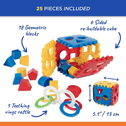Mimtom Cubo de Actividades niños de 1-3 años | 18 Bloques para Encajar Formas y sonajero | Juguete de Aprendizaje Desmontable Color Rojo, Azul y Amarillo
