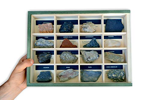 MINERALES Y FOSILES NANO Colección de 16 Rocas Metamórficas Premium en Caja de Madera Natural - Rocas Educativas de Gran tamaño con Hoja de descripción. Kit Geología para niños