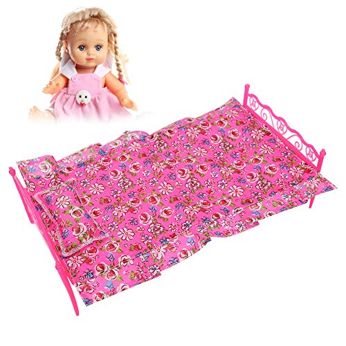 Mini muñeca con Estilo de Cama Individual clásica, de Color Brillante Casa de muñecas de Color Rosa Juguete de plástico en Miniatura con Almohada y sábana para muñecas
