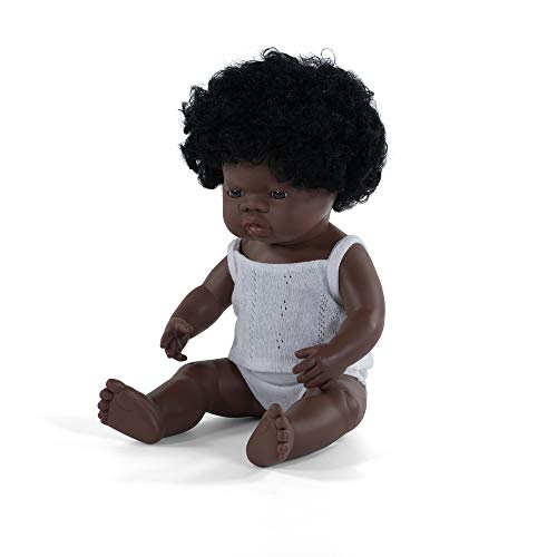 Miniland – Muñeco bebé Africana Niña de vinilo suave de 38cm con rasgos étnicos y sexuado para el aprendizaje de la diversidad con suave y agradable perfume. Presentado en caja de regalo.