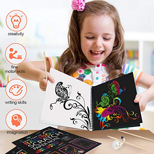 Mocoosy Scratch Art Set - 3 cuadernos de notas de arte arcoíris para rascar, hojas de papel mágicas para rascar, manualidades para niños con 4 plantillas de pintura, 3 lápices de madera, 1 soporte