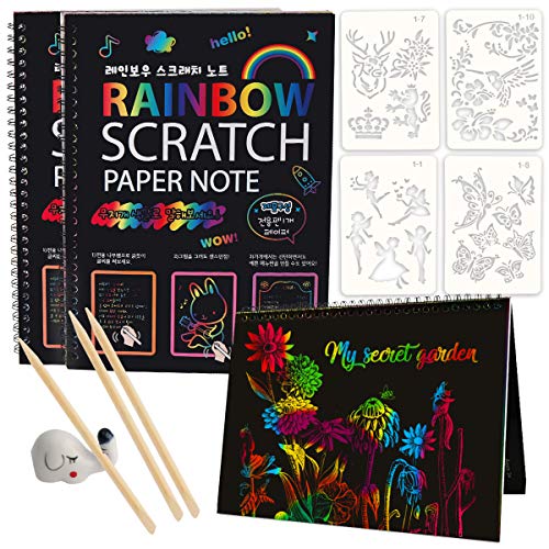 Mocoosy Scratch Art Set - 3 cuadernos de notas de arte arcoíris para rascar, hojas de papel mágicas para rascar, manualidades para niños con 4 plantillas de pintura, 3 lápices de madera, 1 soporte