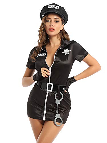 MSemis Disfraz de Policía para Mujer Mini Vestido Manga Corta con Cremallera Body de Uniforme Policía Sexy Vestido de Fiesta Holloween Carnaval Negro XXL