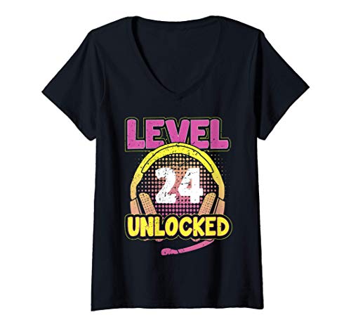 Mujer Gamer Girl Level 24 Unlocked Video Game 24th Birthday Gift Camiseta Cuello V