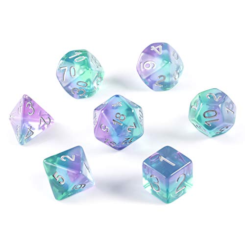 Nebula DND - Juego de Dados (7 Troqueles de poliedro con Pounch Gratis para Mazmorras y Dragones Juegos de Mesa Roll-Play Collector de Dados, Mutilayers Morado Azul y Verde