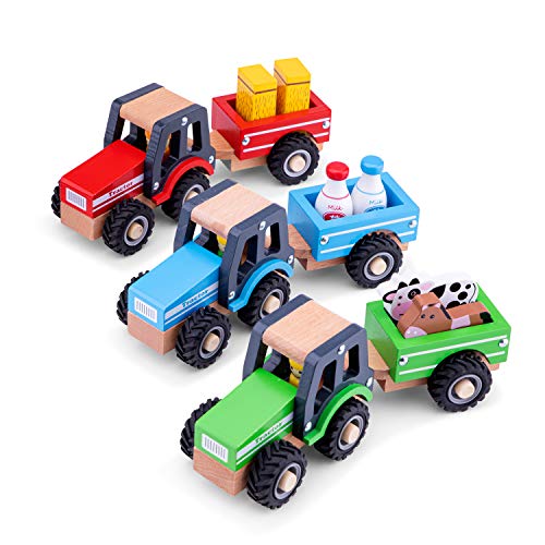 New Classic Toys-11941 Nuevos Clásicos Juguetes-1941-Vehículos en Miniatura-Simple Modelo-Tractor con Remolque y Cifras, Color madera (1941) , color/modelo surtido