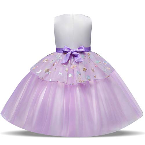 NNJXD Vestido de Unicornio para niñas Fiesta de Apliques de Flores Cosplay Disfraz de Halloween + Gorros Tamaño (110) 3-4 años 438 Púrpura-A