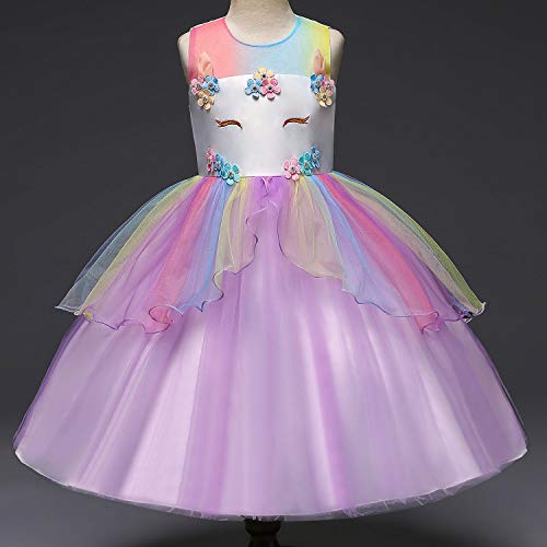 NNJXD Vestido de Unicornio para niñas Fiesta de Apliques de Flores Cosplay Disfraz de Halloween + Gorros Tamaño (140) 7-8 años 439 Púrpura-A