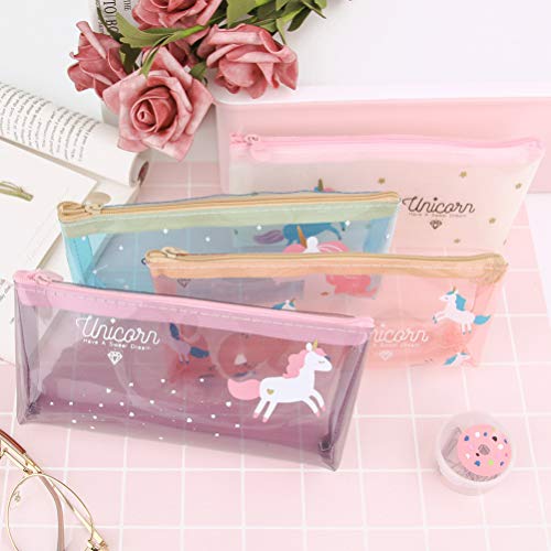 NUOBESTY 4pcs unicornio PVC lápiz caja transparente cosmético maquillaje bolsa para viajes diarios Oficina de la familia