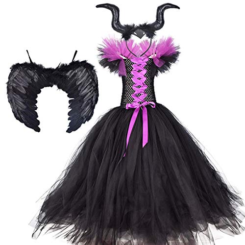 OBEEII Disfraz de Malefica Niñas Deluxe Maleficent Christening Gown Fancy Dress Costume para Halloween Cosplay Carnaval Disfraces 7-8 Años