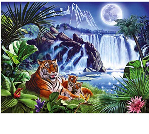 OILPHL Kit de pintura por números, lienzo preimpreso, la familia de tigres bajo la noche lunar, para adultos, 40 x 50 cm