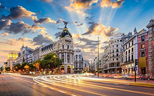 OKOUNOKO Puzzle 1000 Piezas, Madrid, Puesta De Sol, Edificios, Decoración para El Juego De Juguetes para El Hogar, 75X50Cm