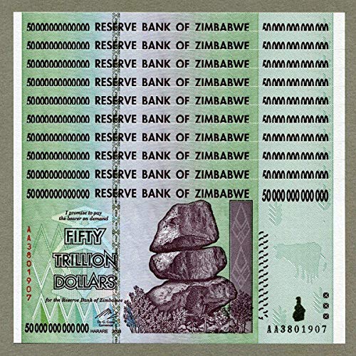 Original Oficial de Zimbabwe 50 Trillion de dólares x 10 Piezas, número de Serie AA / 2008, P-90, UNC