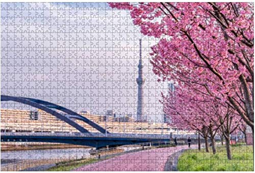 Paisaje de Tokio en primavera en Japón con flores de cerezo Rompecabezas de madera Rompecabezas educativos Regalo Rompecabezas creativos 75 * 50 cm 1000 piezas