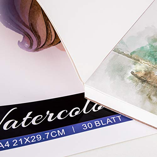 Papel de acuarela, Gifort blocs de acuarela A4 (21 x 29.7 cm) con 3 plumas de acuarela | Papel blanco de 300 gramos prensado en frío | Perfecto para pinturas de agua