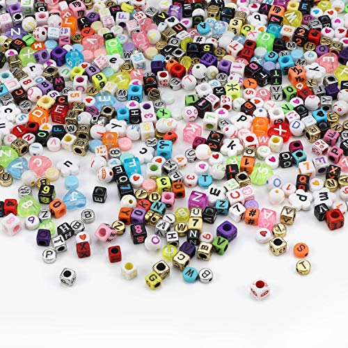 PHOGARY Conjunto de Perlas de Alfabeto (800 Piezas), Pulseras de Bricolaje Collares Cuentas de Letras A-Z en Formas de Redondo, corazón, Cuadrado para la fabricación de Joyas