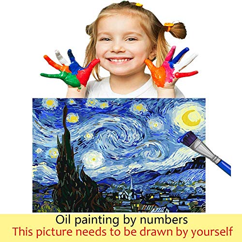Pintar por numeros Van Gogh - La noche estrellada - Pintura para pintar por números con pinceles y colores brillantes - Cuadro de Lienzo con numeros dibujados para adultos y niños