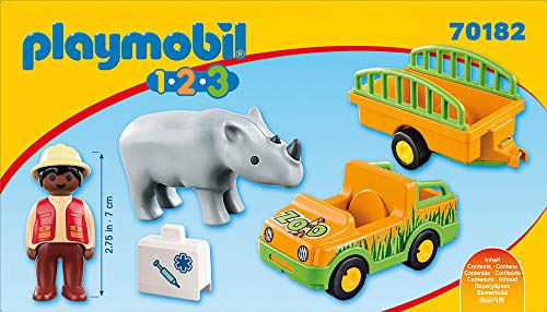 PLAYMOBIL 1.2.3 Vehículo Zoo Rinoceronte, Color Multicolor, Estándar (70182)