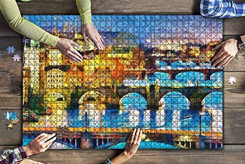 Praga puentes iluminados en la noche pintura al óleo rompecabezas de piezas grandes para adultos niños entretenimiento creativo rompecabezas de madera decoración del hogar, 1000 piezas 75 * 50 cm