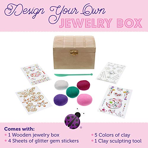 Purple Ladybug Joyero para Niñas! Kit de Manualidades para Niñas con Joyero de Madera, 5 Arcillas de Colores Herramienta de Esculpir y 4 Hojas de Gemas Brillantes Niña