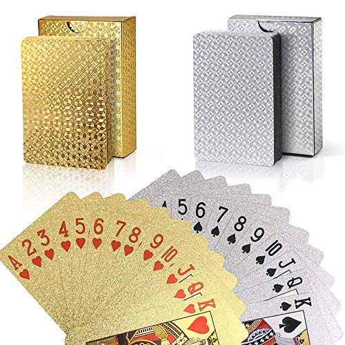 QYHSS 2 Sets Plastic Poker Cartas, Naipes Cartas de póker Impermeables de 54 Piezas, Juego de Mesa de Naipes de plástico Resistente a Las lágrimas Oro (Oro/Plata)