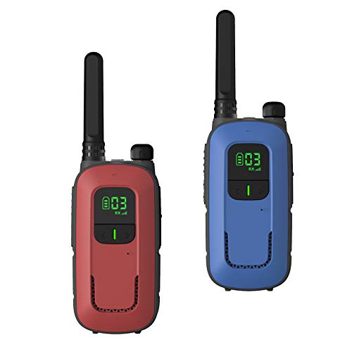 Radioddity Walkie talkies PR-T3 sin Licencia, Recargables, para niños de Entre 3 y 12 años y familias, Tienen 16 Canales, VOX, Linterna, Pantalla LCD iluminada, Carga por USB (Roja / Azul)