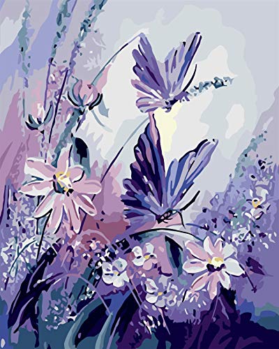 RIHE Sin Marco, Pintura por números Bricolaje DIY Pintura al óleo Vistoso Mariposas púrpuras con Las Flores Impresión de la Lona Mural Decoración hogareña