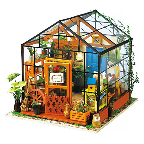 Robotime Dollhouse Kit Rénovation de meubles Woodcraft Kit de Construction Mini Maison de Bricolage à la Main Avec Lumières et Accessoires Miniature Home Decor Décor de Noël (Green House)