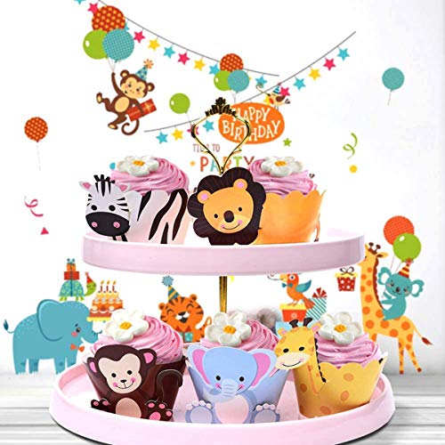 Senteen Cupcake Toppers Decoración 48 Pcs Animales Cupcake Wrapper Lindo Pastel Topper, Decoración de la Torta de la Fiesta de Cumpleaños de la Fiesta de Bienvenida al Bebé de Los Niños