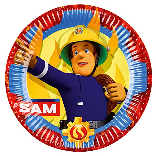 Set de Cumpleaños Completa Sam el Bombero 8 niños (8 Platos, 8 Tazas, 20 servilletas,1 Mantel + 10 Velas mágicas ofrecidas) Fiesta Mesa de decoración Novedad 2019