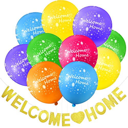 Set de Globos y Banner de Welcome Home Incluye 24 Globos Tropicales de Welcome Home y Banderines de Welcome Home con Purpurina Dorada para Decoración de Casa Fiesta