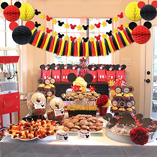 SIFAN Mickey Mouse Party Decoration Kit, Colourful Mickey Paper Honeycomb Balls, Red Yellow and Black Tassel Garland Tissue Felt Banner Kids Birthday Themed Party Ideas