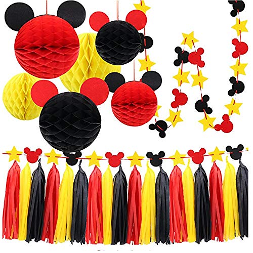 SIFAN Mickey Mouse Party Decoration Kit, Colourful Mickey Paper Honeycomb Balls, Red Yellow and Black Tassel Garland Tissue Felt Banner Kids Birthday Themed Party Ideas