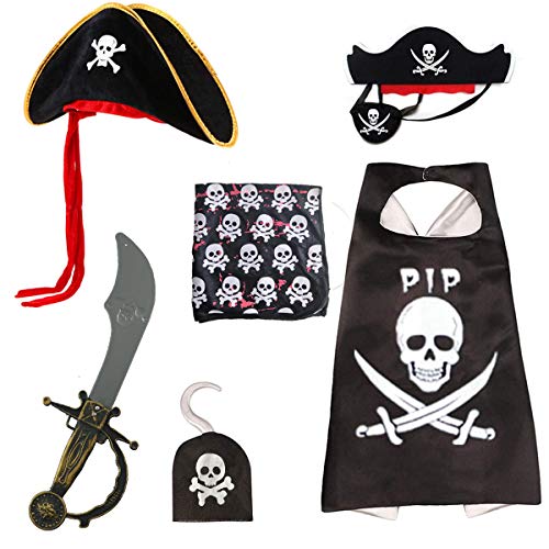 skyllc Juego de Disfraz de Pirata de Halloween 6 Piezas, Capa de Pirata, Sombrero de Tricornio, Parche de Ojo De Pirata, Capitán Garfio, Espada de Machete, Pañuelo de Pirata