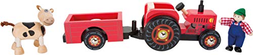 small foot 10316 Tractor de Madera con Remolque Granja, con Figuras de Agricultor y Vaca y Ruedas de Caucho, para Mayores de 3 años