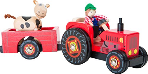 small foot 10316 Tractor de Madera con Remolque Granja, con Figuras de Agricultor y Vaca y Ruedas de Caucho, para Mayores de 3 años