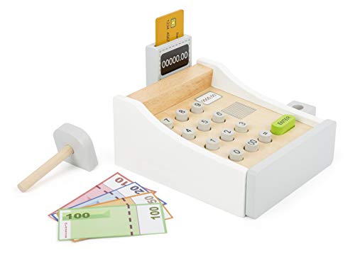 Small Foot 11099 Wooden Cash Register, incl. Scanner, Reader, Play Credit Cards, Trains The handling of Money and Prices, Authentic Shopping Fun for Young and Old from . Upwards Toy, Multicolour