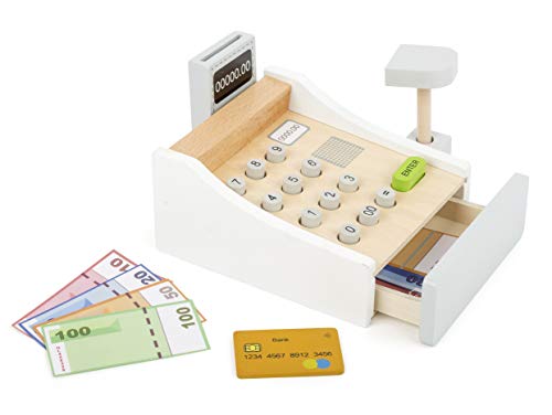 Small Foot 11099 Wooden Cash Register, incl. Scanner, Reader, Play Credit Cards, Trains The handling of Money and Prices, Authentic Shopping Fun for Young and Old from . Upwards Toy, Multicolour