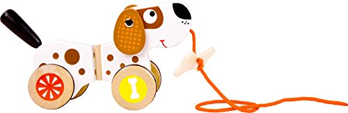 Small Foot by Legler – zieh Animales perro de madera, mueve divertido con orejas y caña, con un hueso en la cuerda, muy silencioso con anillos de goma en los neumáticos, Crédito Juguetes para pequeñas unidad principiantes