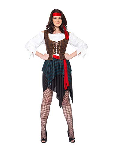 Smiffy'S 20470S Disfraz De Mujer Pirata Camisa Con Chaleco Unido, Falda Cinturón Y Banda Para El Pelo, Marrón, S - Eu Tamaño 36-38 (Set De 36) , color/modelo surtido