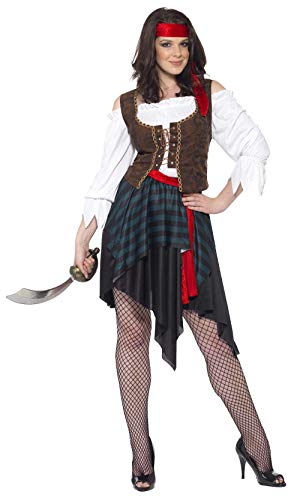 Smiffy'S 20470S Disfraz De Mujer Pirata Camisa Con Chaleco Unido, Falda Cinturón Y Banda Para El Pelo, Marrón, S - Eu Tamaño 36-38 (Set De 36) , color/modelo surtido
