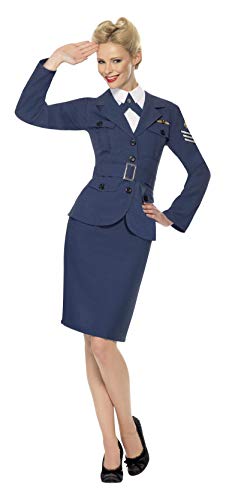 Smiffys-35527L Capitana de la Fuerza aérea de la 2a Guerra Mundial, con chaqueta, camisa postiza con corbata, y cinturón, Color azul, L - Tamaño UK 16-18