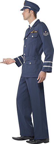 Smiffys-38830L Disfraz de capitán de la fuerza aérea de la 2a Guerra Mundial, con pantalones, chaqueta, sombrero y corbata, color azul, L-Tamaño 42"-44" (Smiffy's 38830L) , color/modelo surtido