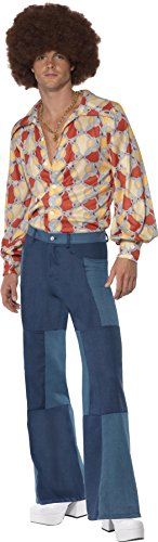 Smiffys Disfraz Retro de los 70, Camisa y Pantalones Patchwork de Denim