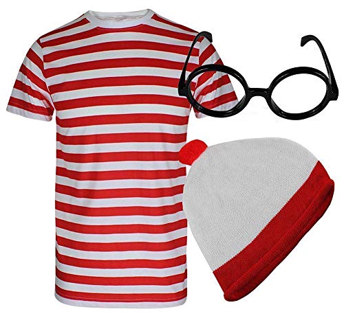 Style Wise Fashion - Juego de camiseta, gorro y gafas, disfraz, unisex para hombre y mujer, camiseta de rayas de color rojo y blanco, ideal para la semana del libro