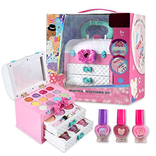 Sunnyushine Set de maquillaje para niños, kit de belleza para juegos de rol, juguetes para juegos de rol, con maleta de princesa, juego de maquillaje para niñas