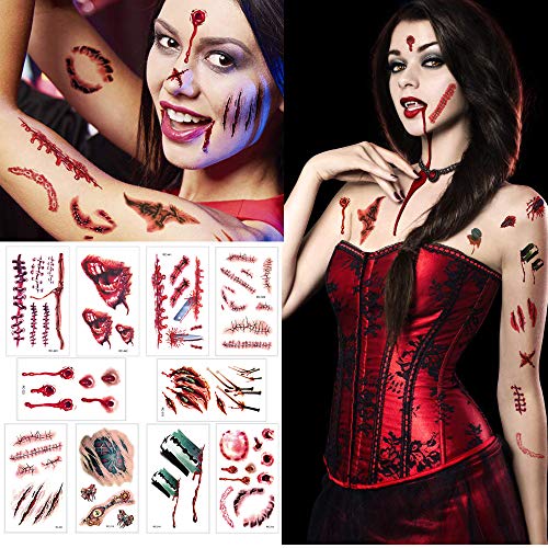 Temporay Tattoos, 10 hojas de diseño diferentes, Halloween Zombie Scars Tattoos Stickers con Fake Scab Blood Special Fx Body Makeup Props