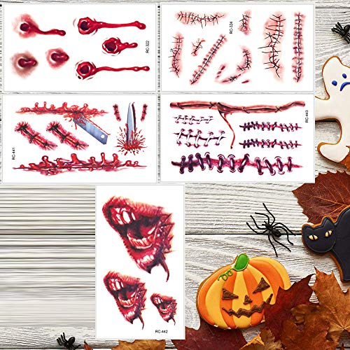 Temporay Tattoos, 10 hojas de diseño diferentes, Halloween Zombie Scars Tattoos Stickers con Fake Scab Blood Special Fx Body Makeup Props