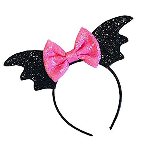 thematys Diadema de murciélago Negra y Lazo Rosa - Accesorio para Adultos y niños Carnaval, Halloween y Cosplay (Lazo Rosa)